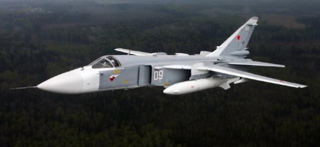 A Russian Sukhoi SU-24, like the one shot down yesterday along the Syrian-Turkey border by two Turkish F-16s